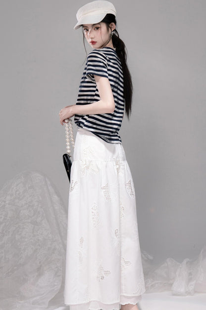 Navy Cut-Out Embroidered Striped T-Shirt