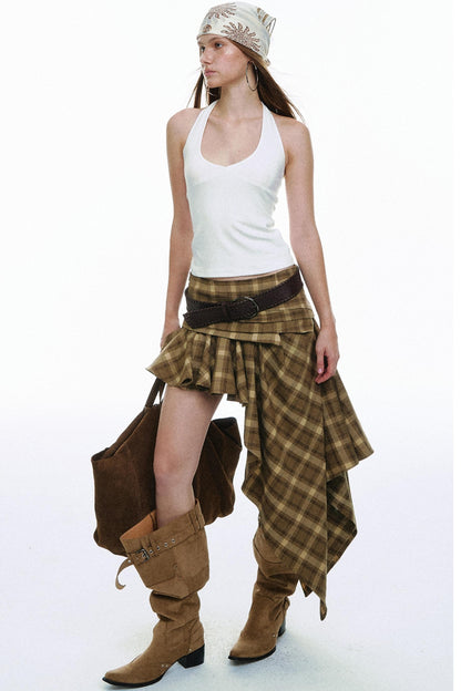 Vintage Plaid Asymmetrical Pleated Skirt