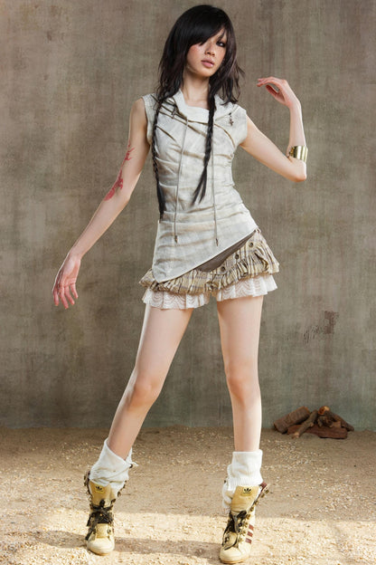 Color-Block Plaid Mini Skirt