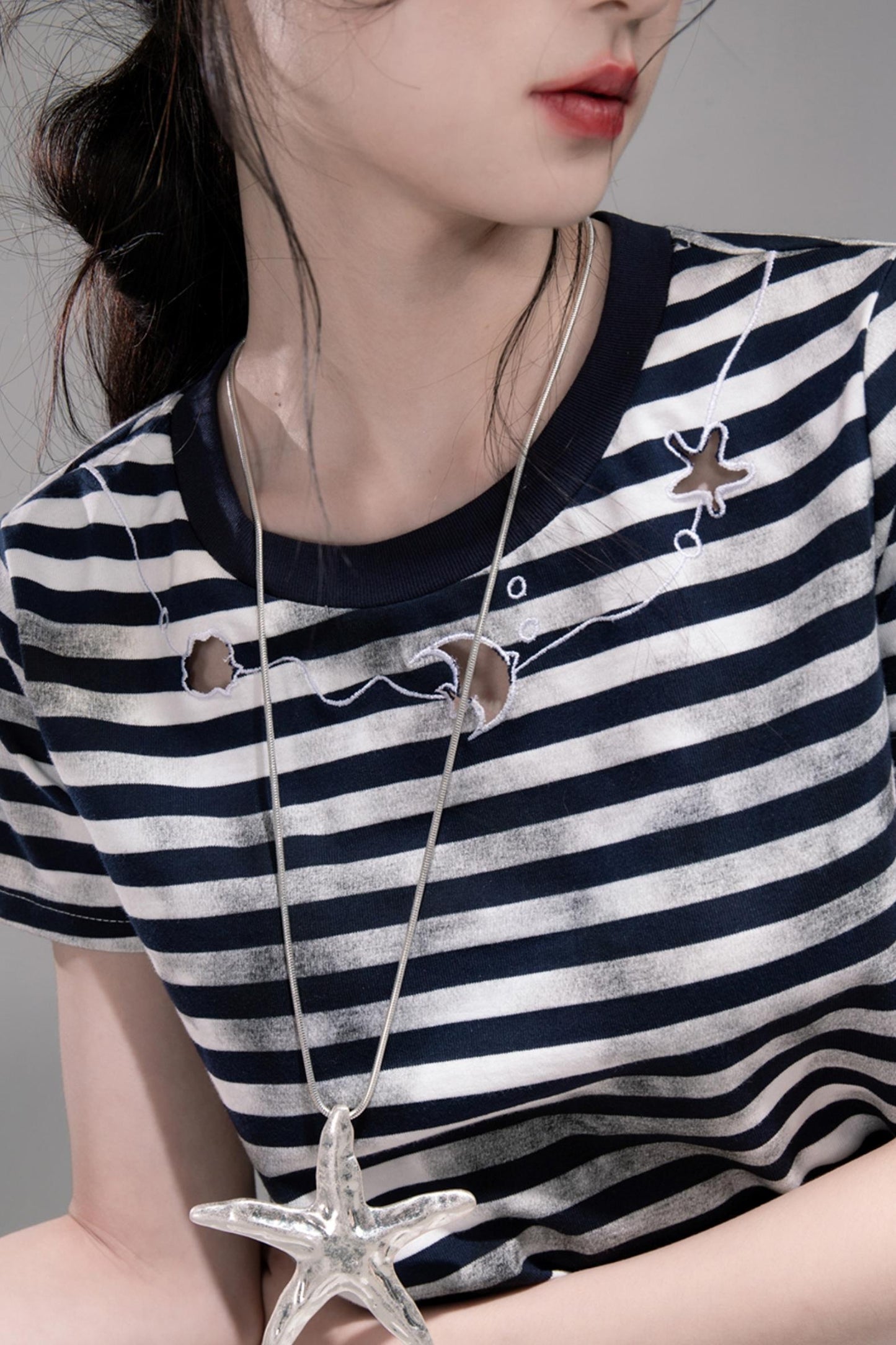 Navy Cut-Out Embroidered Striped T-Shirt