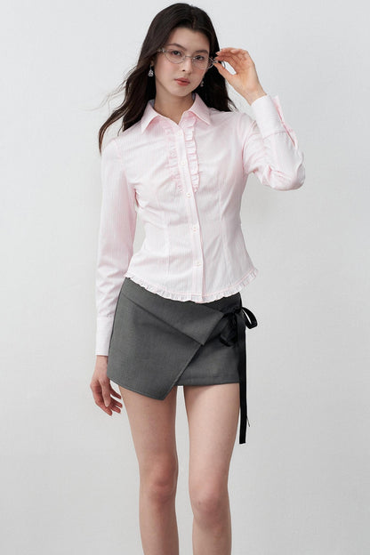 Stripe Texture Polo Collar Lace Tie-Up Shirt
