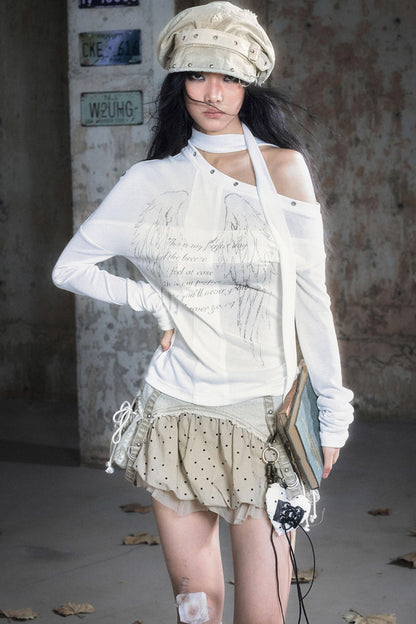 Cross-Print Knit Long Sleeve T-Shirt