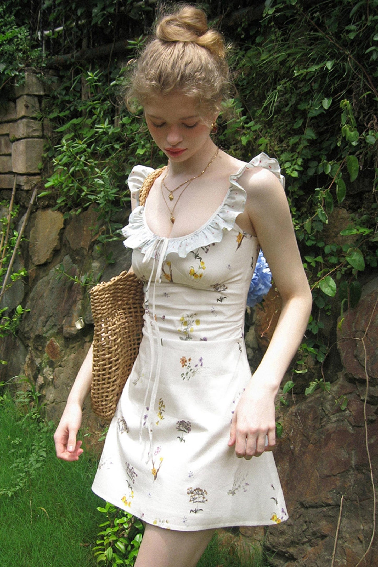 White Floral Ruffled Square Neck A-Line Slip Dress