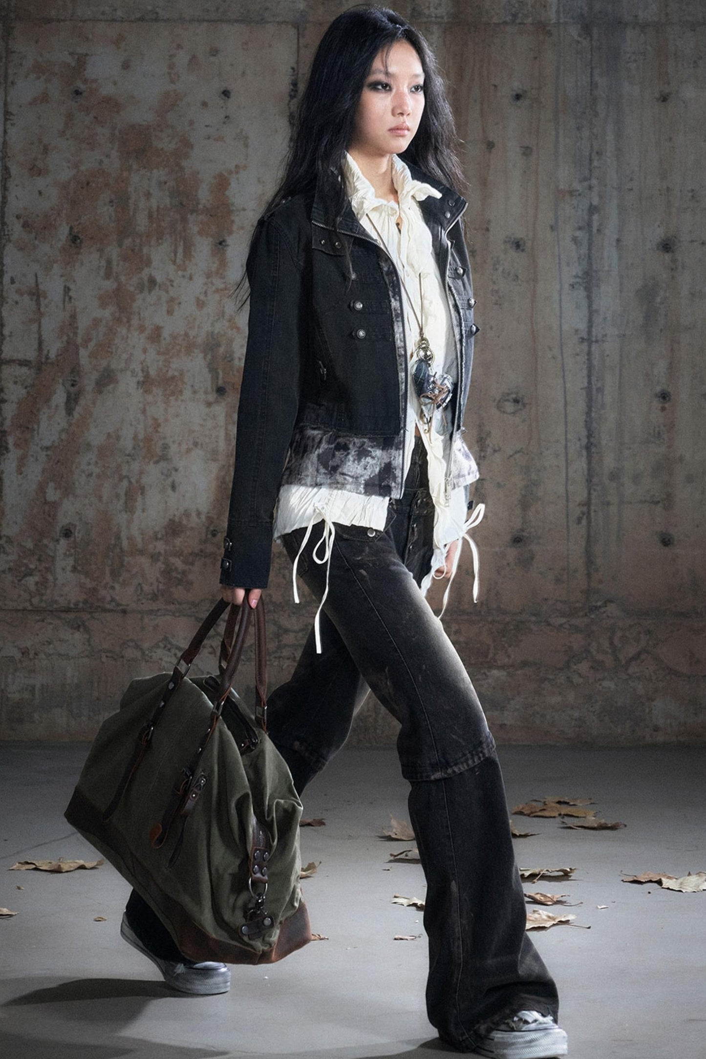 Stand Collar Distressed Patchwork Jacket