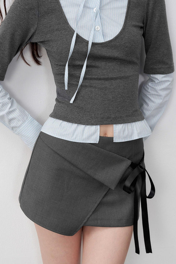 Gray Bow Lace-Up A-Line Skirt