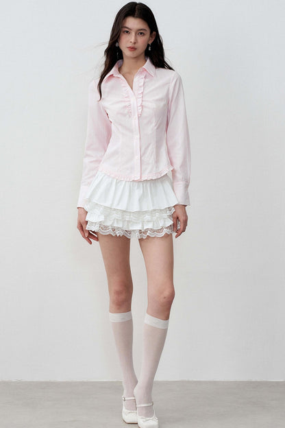 Stripe Texture Polo Collar Lace Tie-Up Shirt