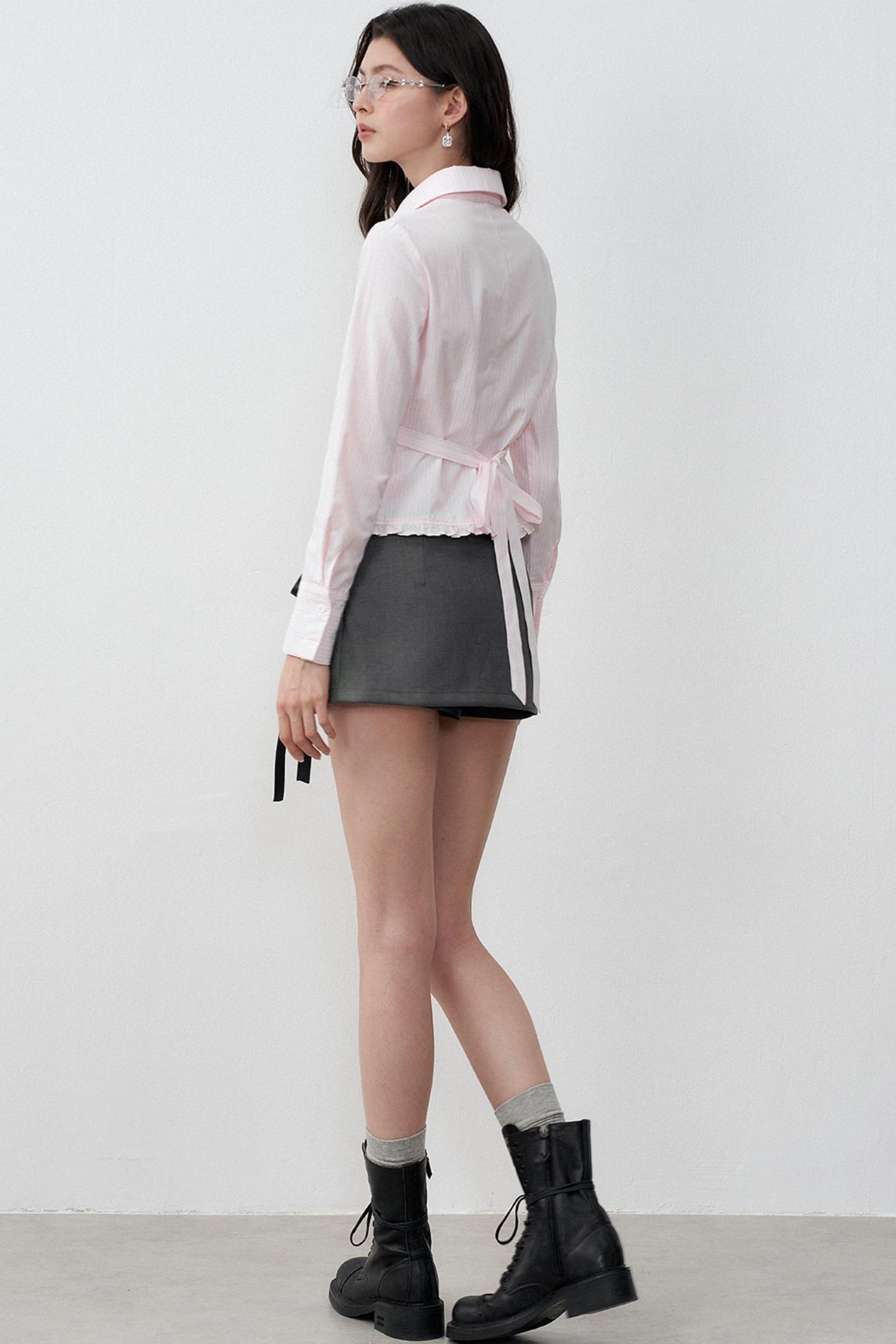 Stripe Texture Polo Collar Lace Tie-Up Shirt