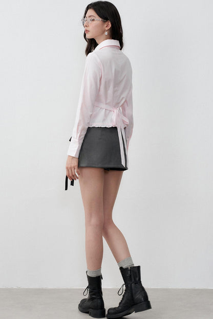 Stripe Texture Polo Collar Lace Tie-Up Shirt