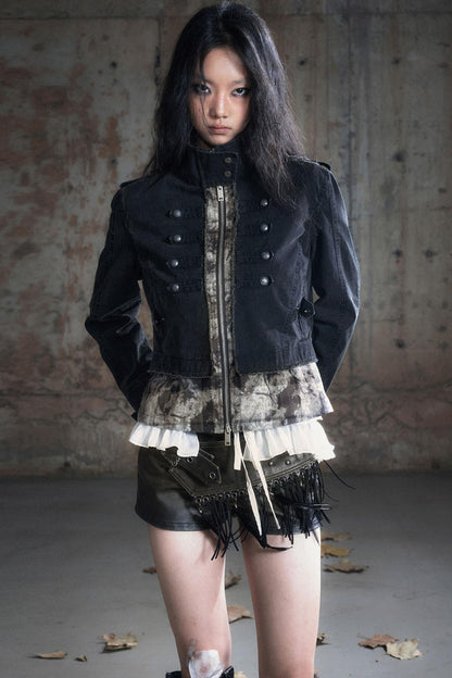 Stand Collar Distressed Patchwork Jacket