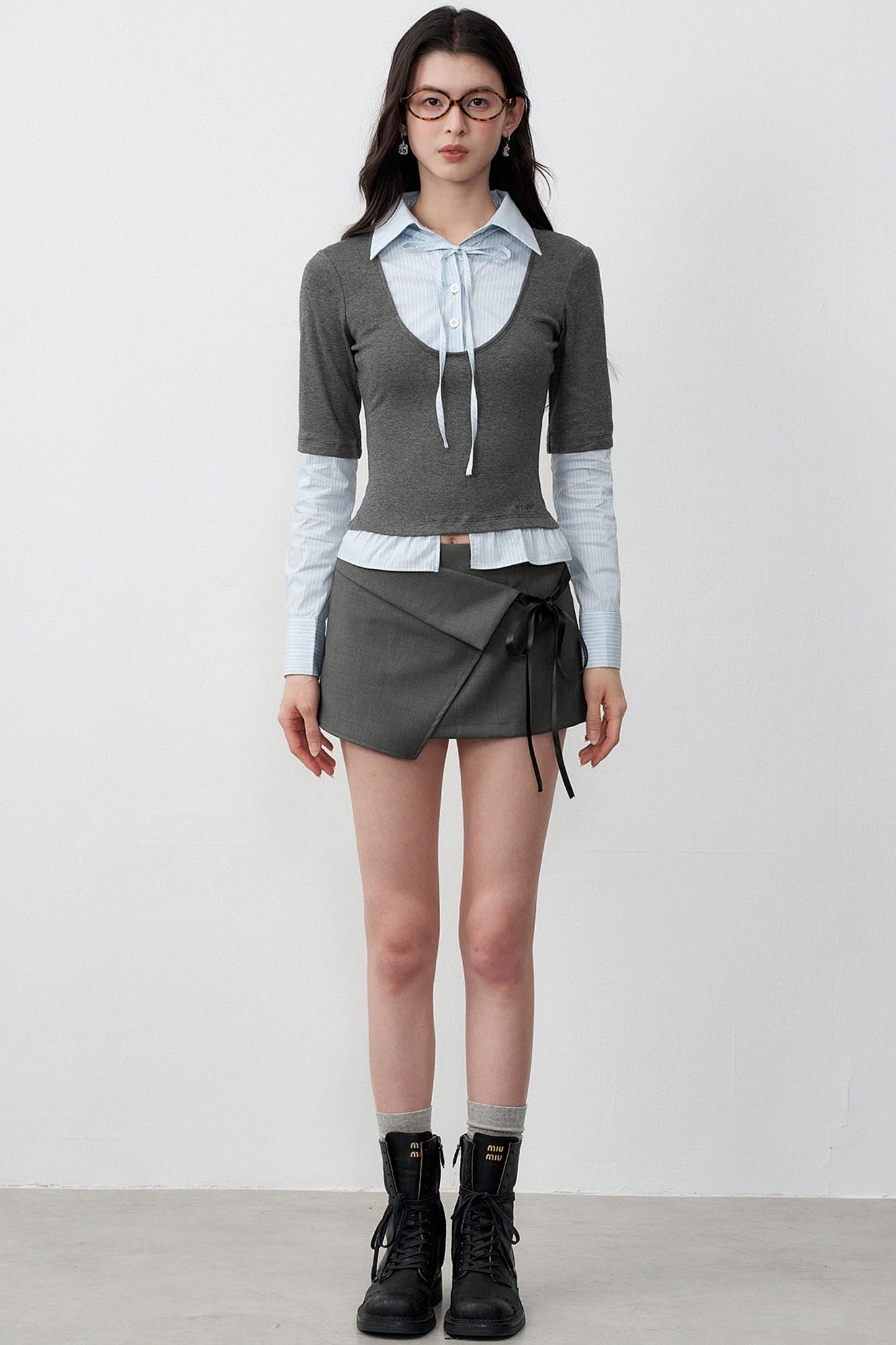 Gray Bow Lace-Up A-Line Skirt
