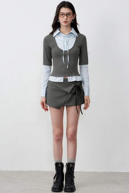 Gray Bow Lace-Up A-Line Skirt