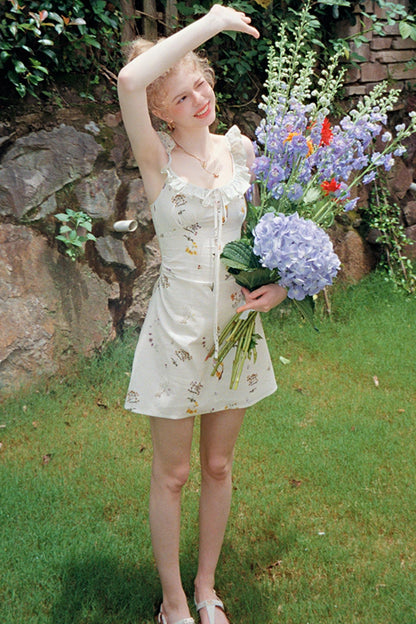 White Floral Ruffled Square Neck A-Line Slip Dress