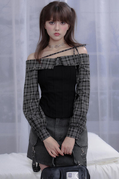 Fighting Spirit Plaid One-Shoulder Shirt