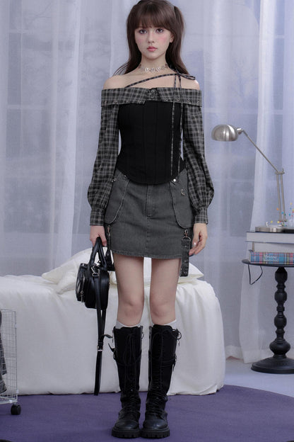 Fighting Spirit Plaid One-Shoulder Shirt