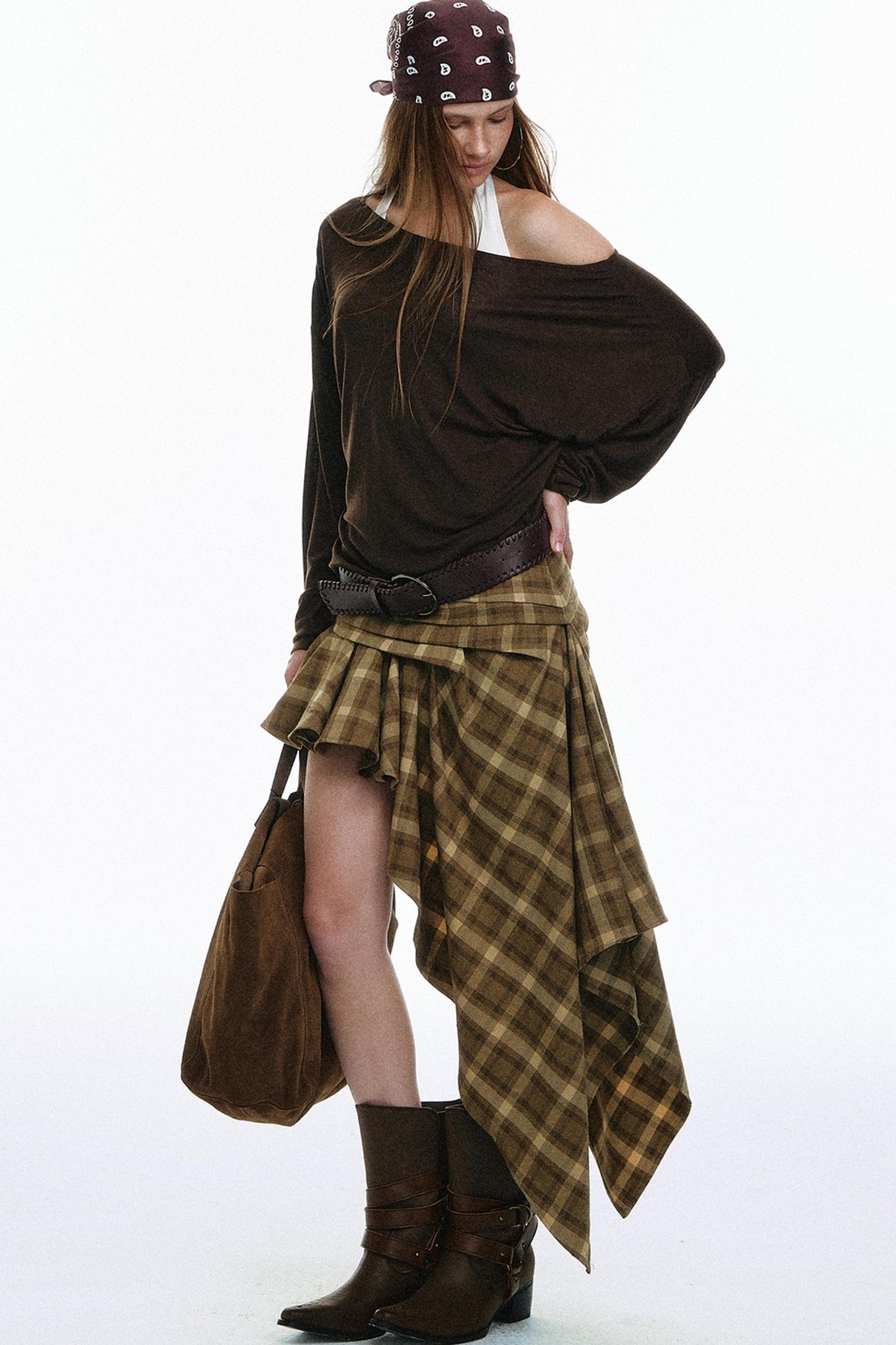 Vintage Plaid Asymmetrical Pleated Skirt