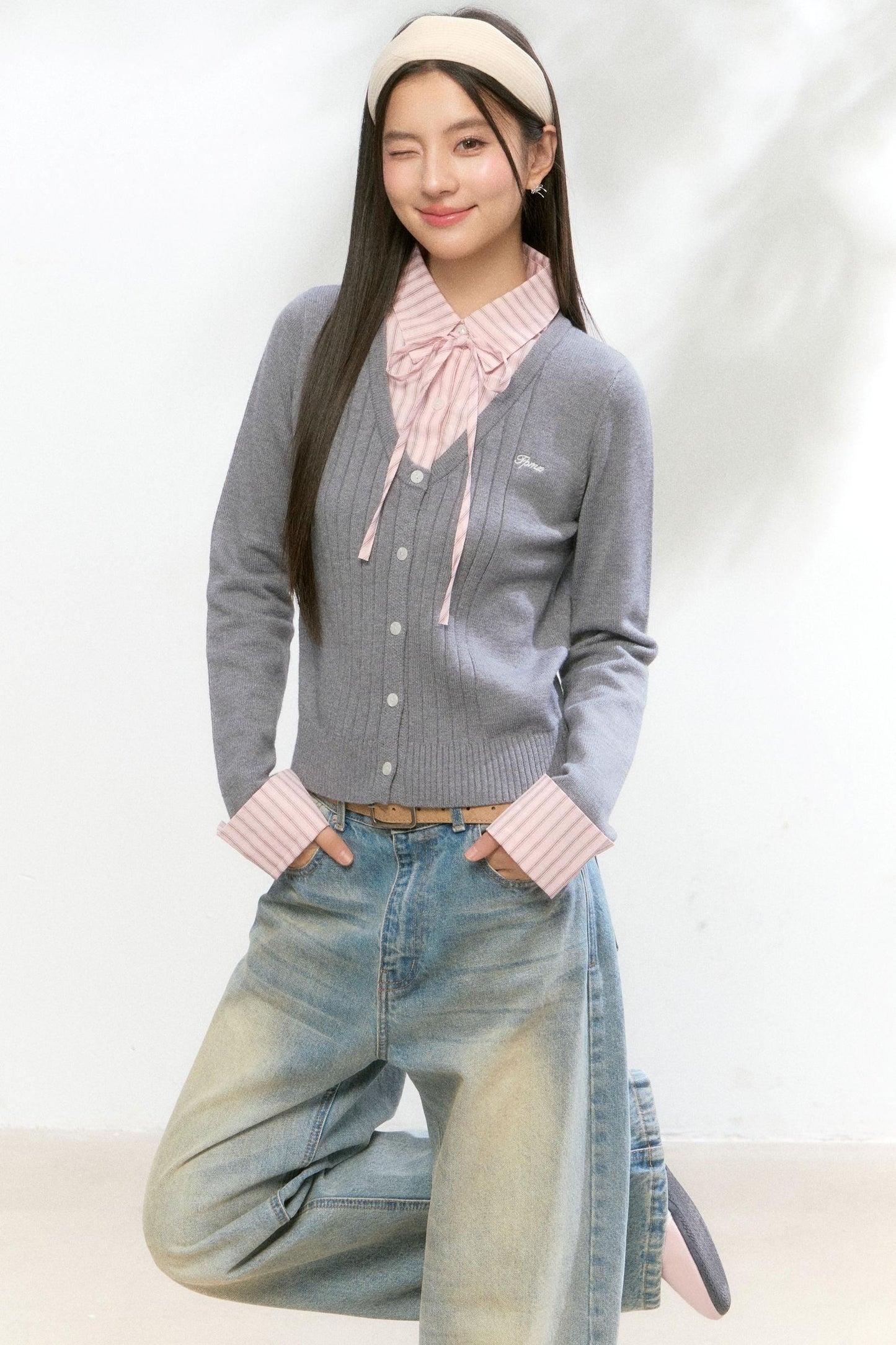 Contrast Layered Knit Pleated Skirt Set-Up