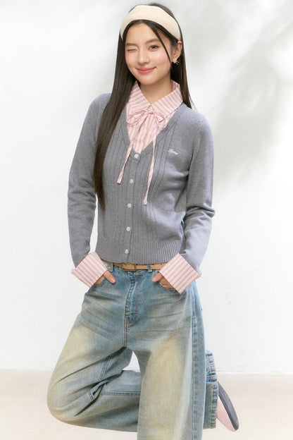 Contrast Layered Knit Pleated Skirt Set-Up