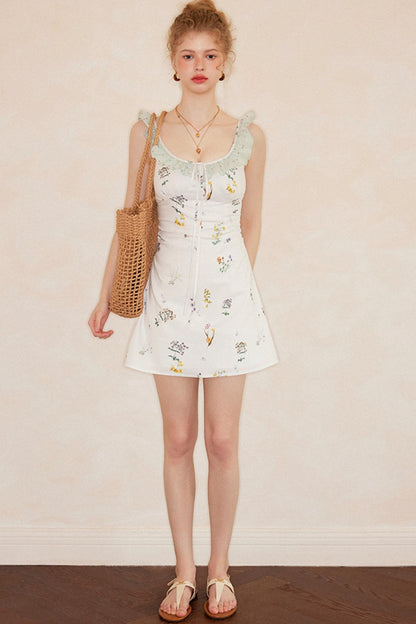 White Floral Ruffled Square Neck A-Line Slip Dress