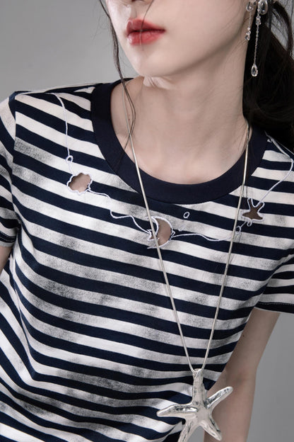 Navy Cut-Out Embroidered Striped T-Shirt