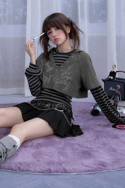 Furry Gray Striped Hooded Two-Piece Set-Up