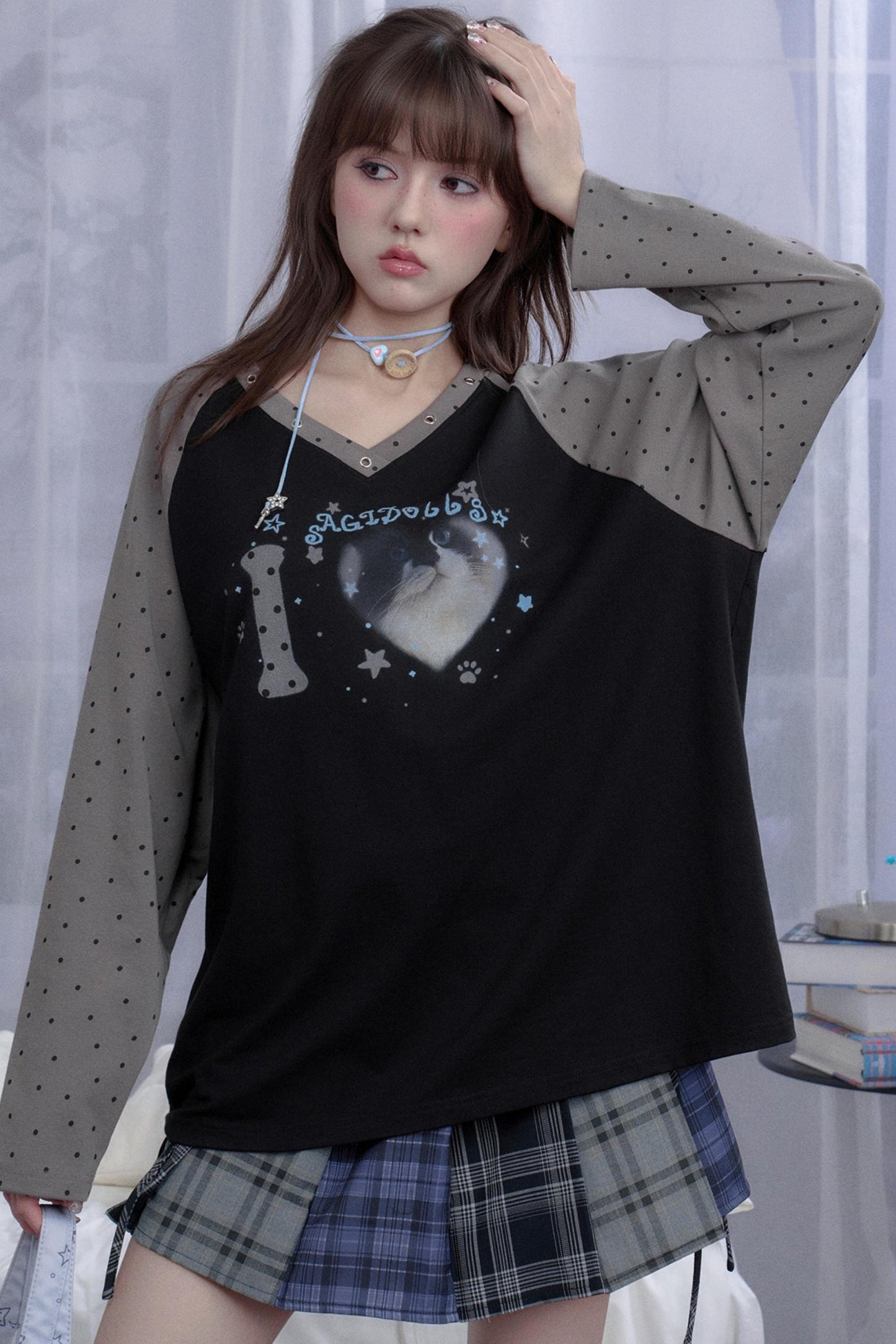 Fighting Spirit Cat Print Raglan T-shirt