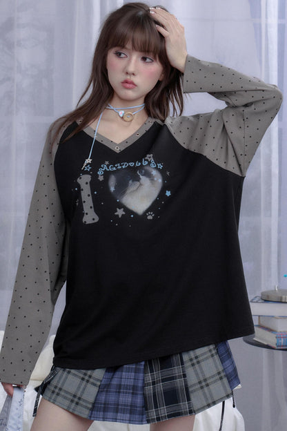 Fighting Spirit Cat Print Raglan T-shirt