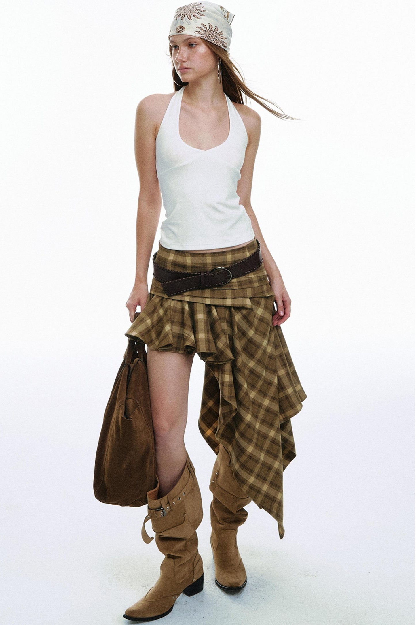 Vintage Plaid Asymmetrical Pleated Skirt