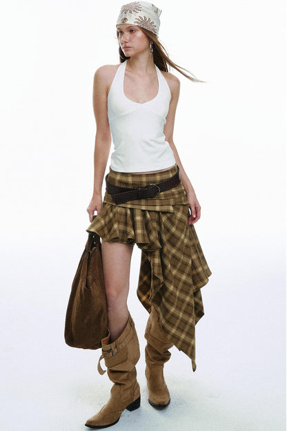 Vintage Plaid Asymmetrical Pleated Skirt