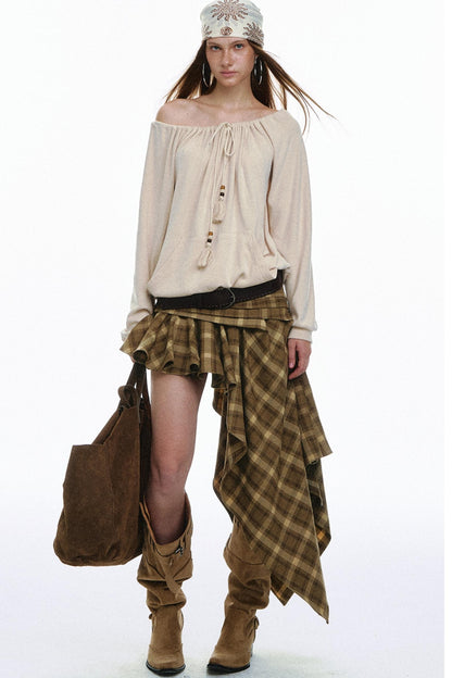 Vintage Plaid Asymmetrical Pleated Skirt