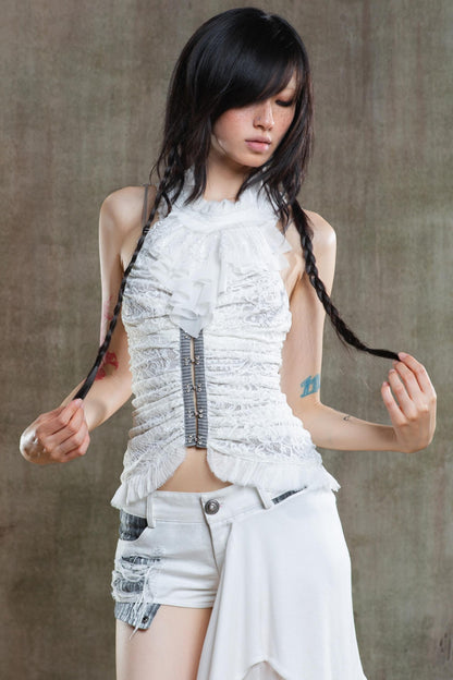 Necklace Accessory Multi-Ruched Lace Halter Top Set