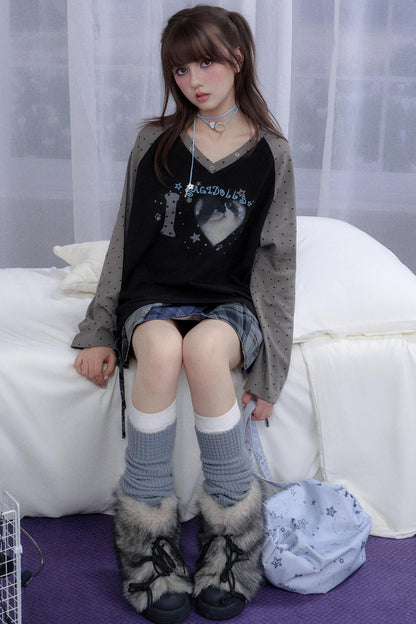 Fighting Spirit Cat Print Raglan T-shirt