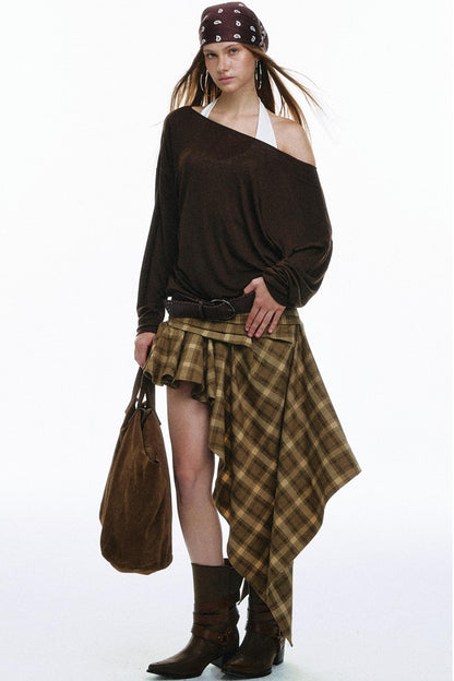 Vintage Plaid Asymmetrical Pleated Skirt