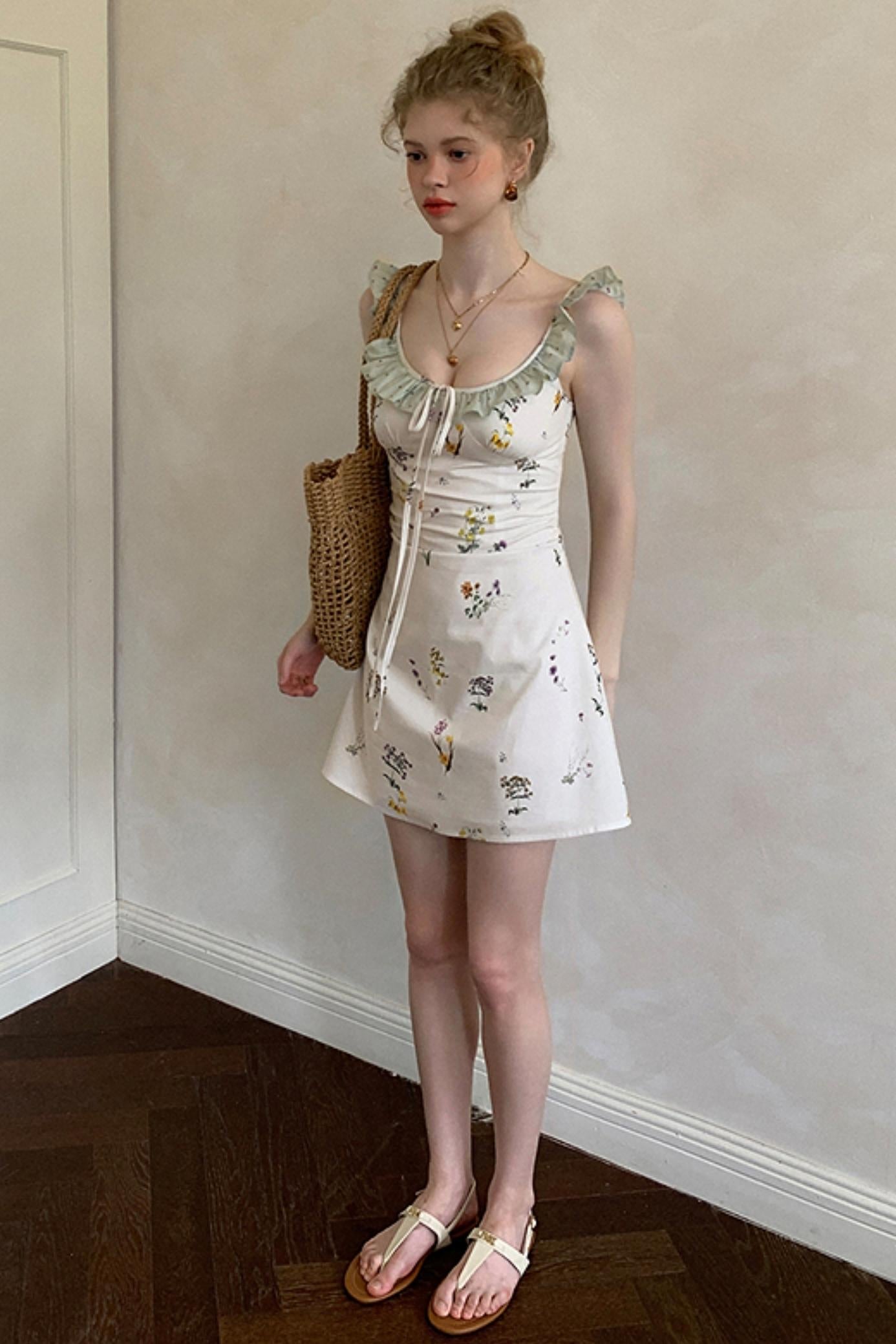 White Floral Ruffled Square Neck A-Line Slip Dress