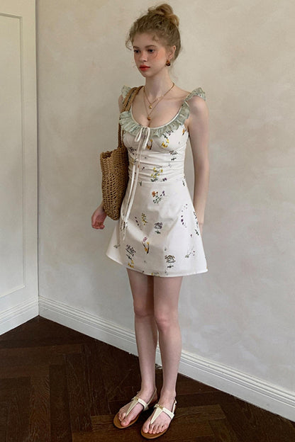 White Floral Ruffled Square Neck A-Line Slip Dress