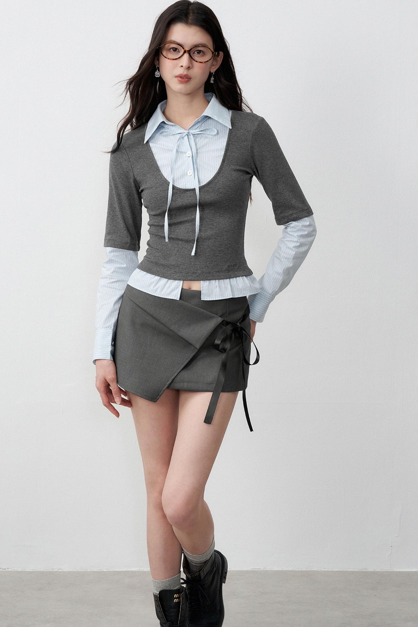 Gray Bow Lace-Up A-Line Skirt