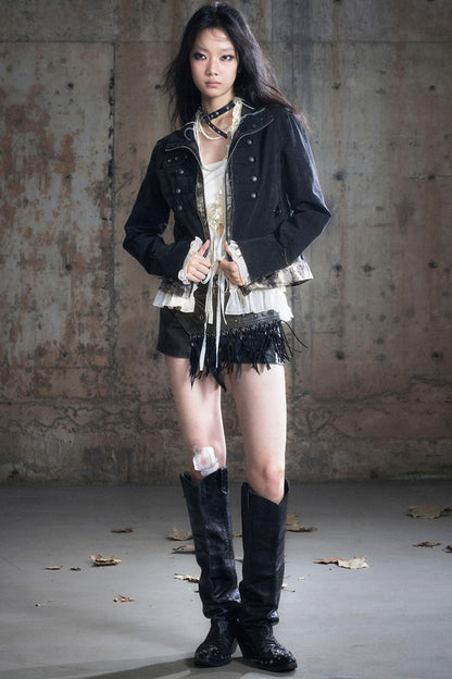 Stand Collar Distressed Patchwork Jacket