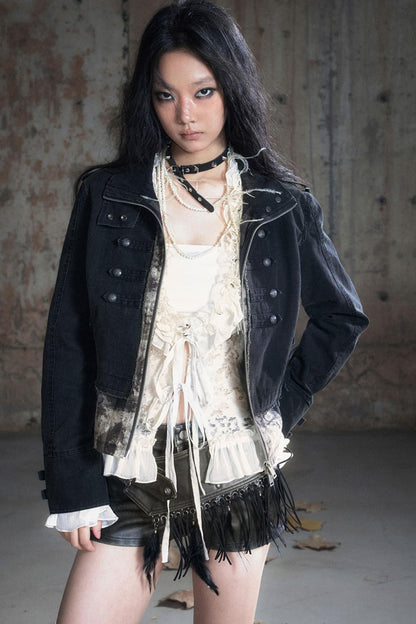 Stand Collar Distressed Patchwork Jacket