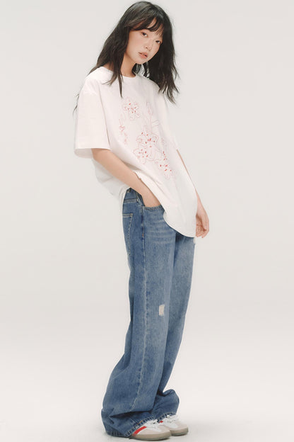 Cherry Blossom Embroidered White T-Shirt