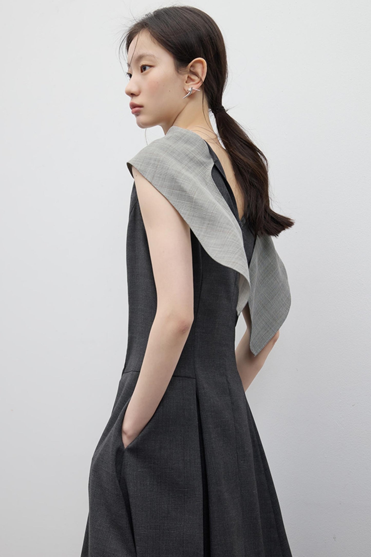 Gray Pleated Slim Fit Dress