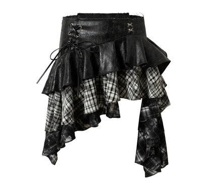 Dark Retro Plaid Leather Skirt