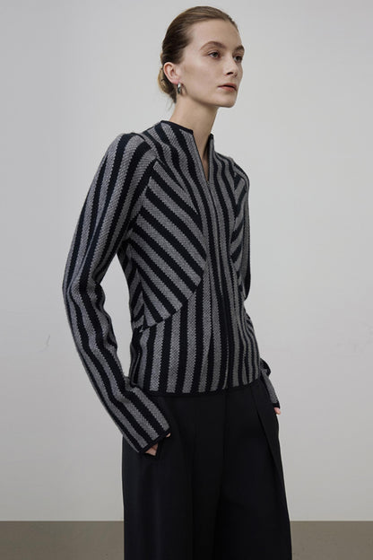 Striped Knit High Neck Jacket