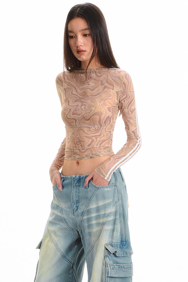 Sheer Pleated Long Sleeve Top