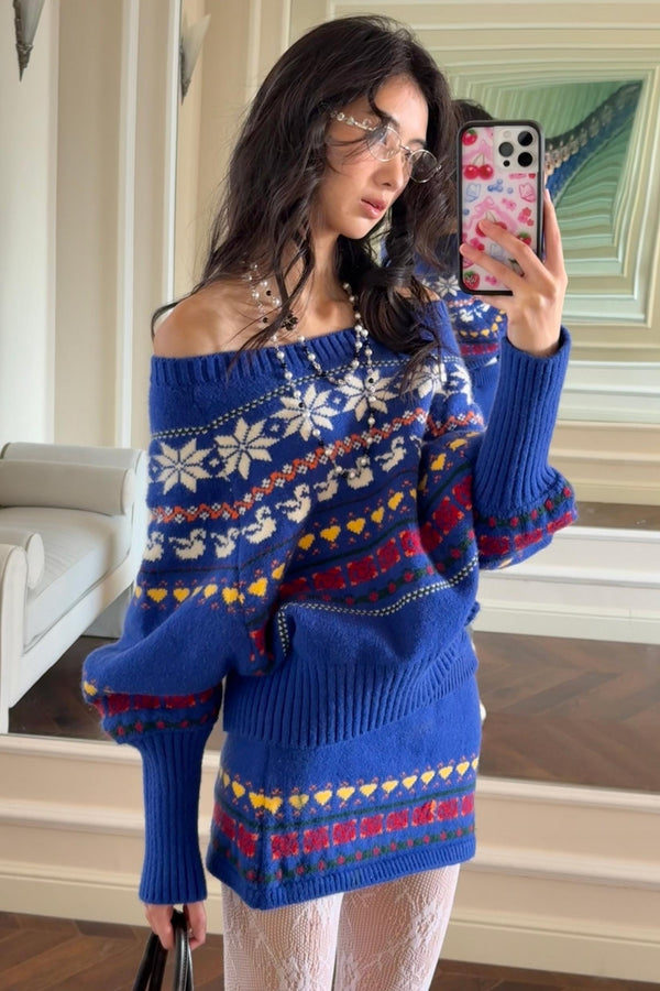 One-Shoulder Jacquard Sweater Set-Up