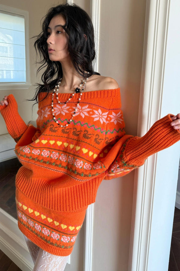 One-Shoulder Jacquard Sweater Set-Up