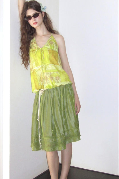 Polarized Satin Pleated Lace Panel Skirt