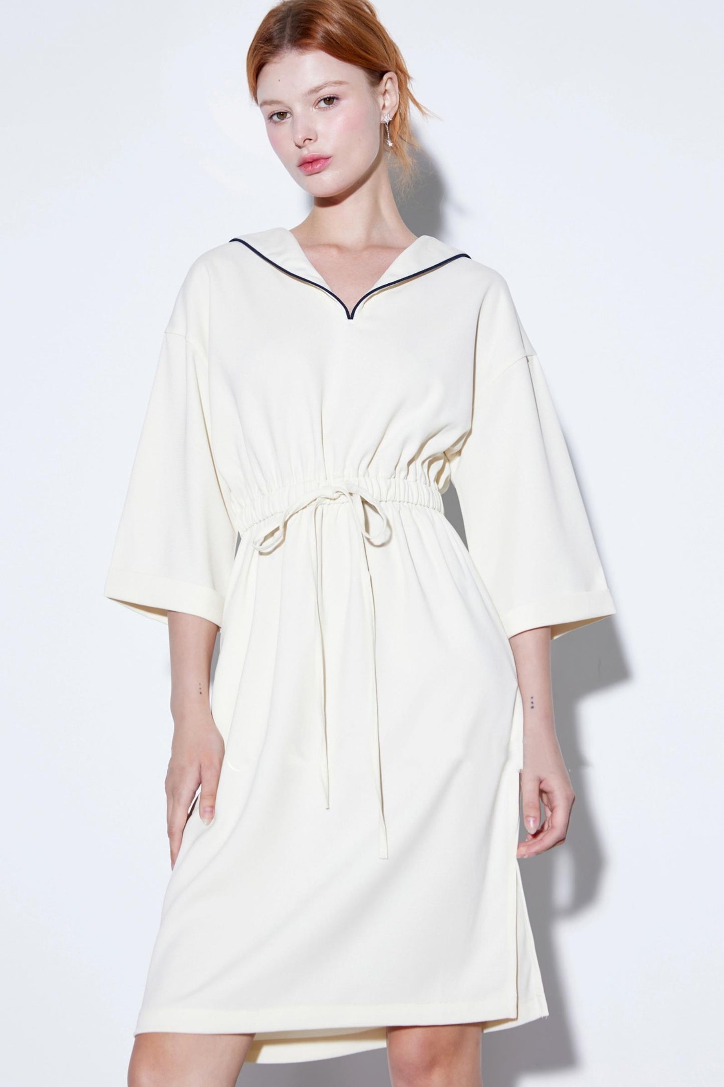 High-Textured Drawstring Sailor Collar Dress