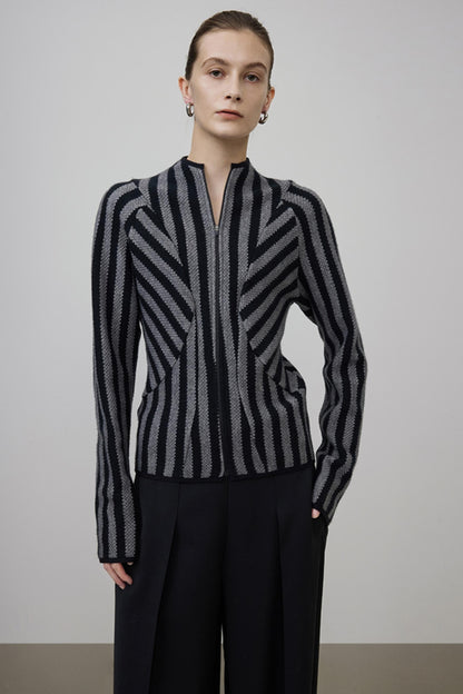 Striped Knit High Neck Jacket