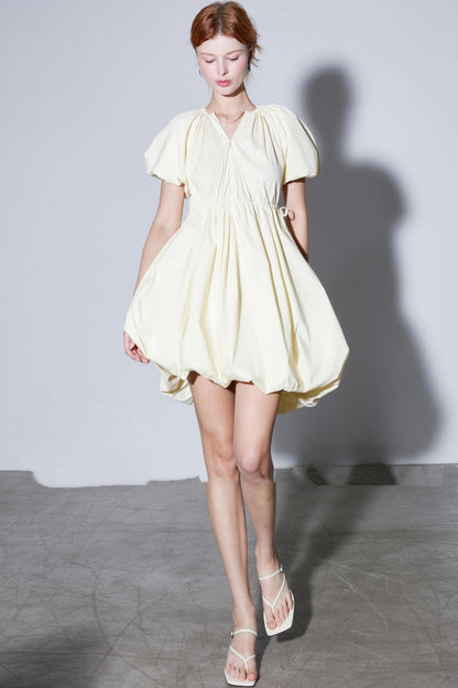 Elegant Cotton-Poplin V-Neck Puff Sleeve Bud Dress