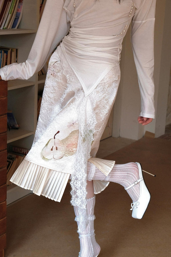 Night Pear Print Pleated Skirt