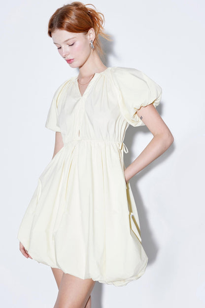 Elegant Cotton-Poplin V-Neck Puff Sleeve Bud Dress